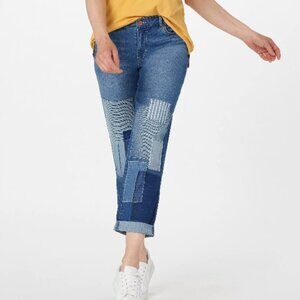 LOGO by Lori Goldstein Women's Size 6 Medium Wash Boyfriend Patchwork Jeans